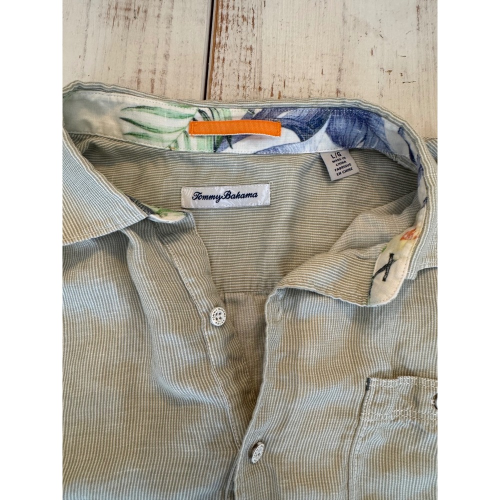 Tommy Bahama Relax Mens L Sage Green Micro Stripe Short Sleeve Button Down Shirt - Picture 2 of 12